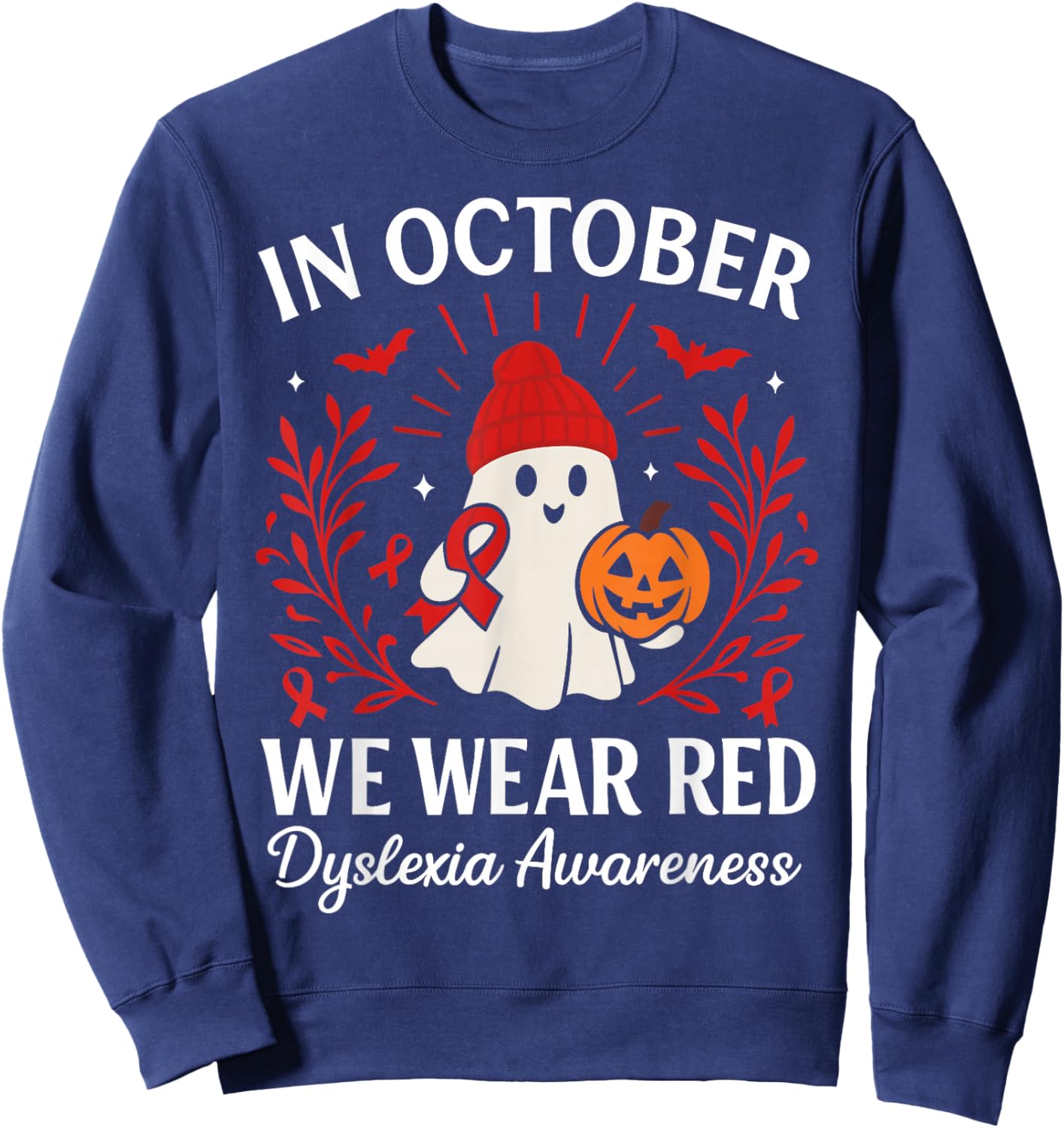 in October We Wear Red Dyslexia Awareness Halloween Ghost Sweatshirt - Sweatshirt | Navy