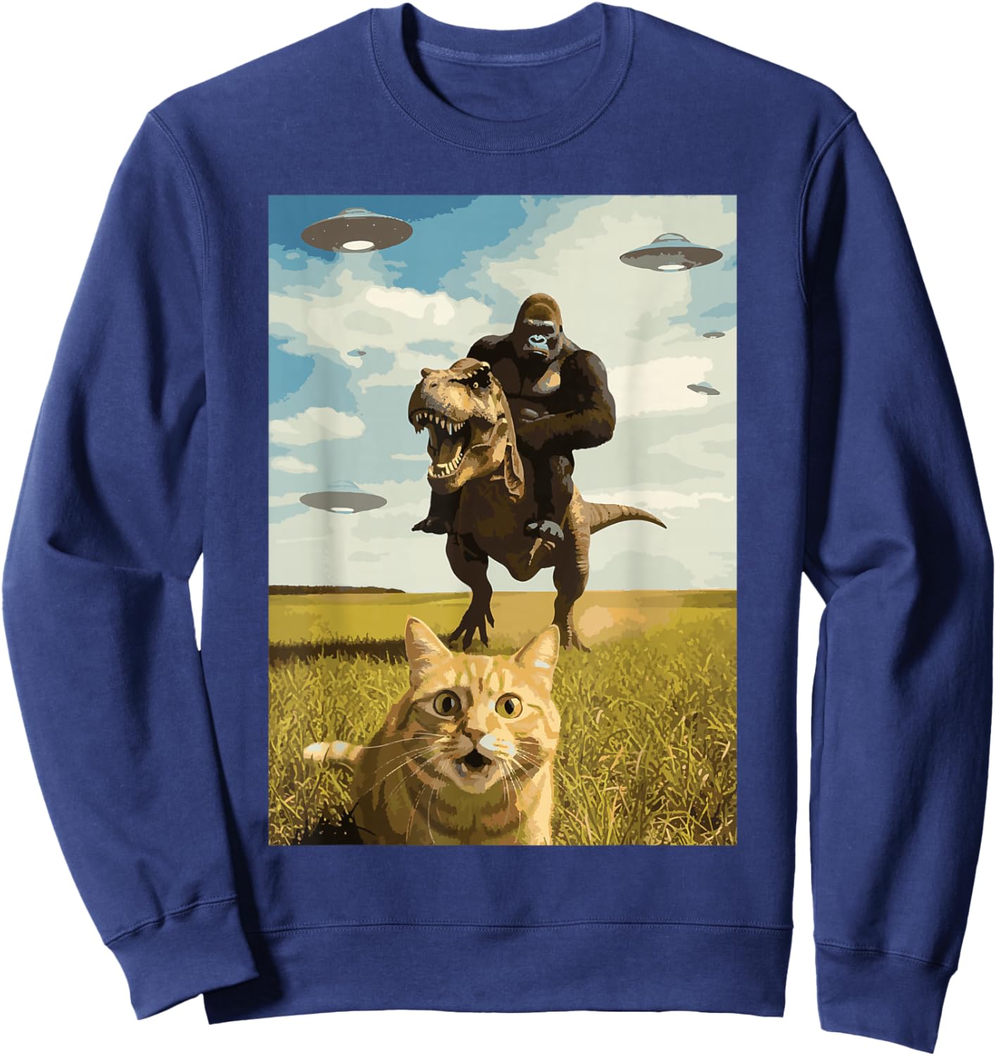 Cat Bigfoot On Dino UFO Selfie Funny Sasquatch Trex Meme Kid Sweatshirt - Sweatshirt | Navy