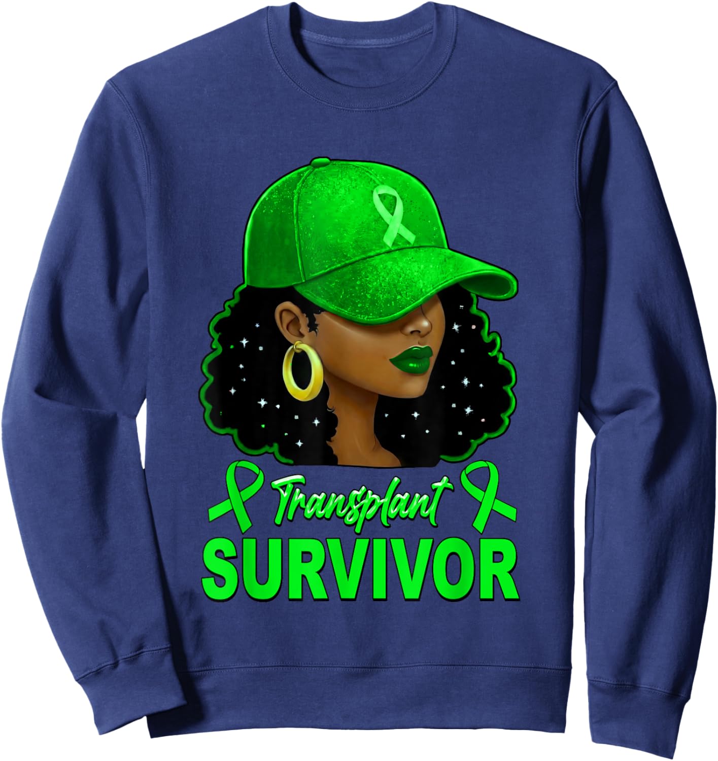 Transplant Survivor Kidney Recipient Green Ribbon Afro Woman Sweatshirt - Sweatshirt | Navy