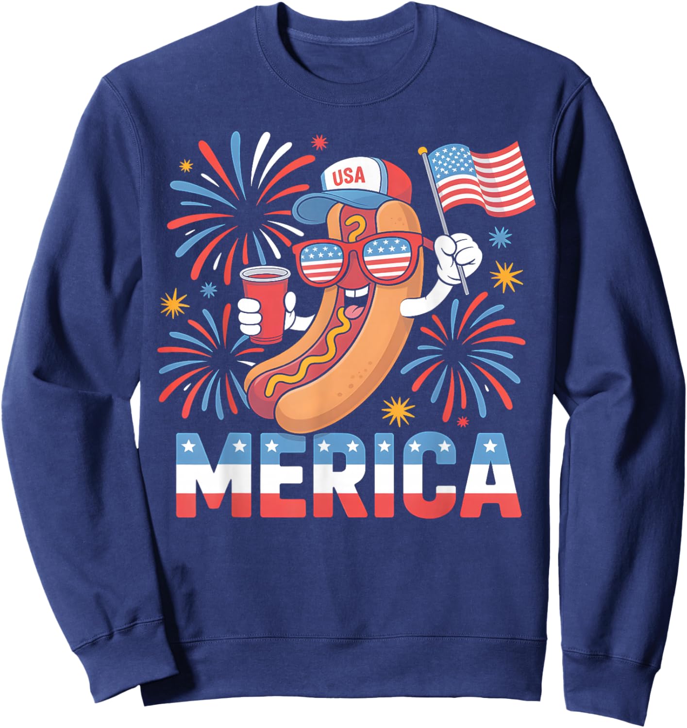 Funny Patriotic Hotdog 'Merica Style 4th of July BBQ Humor Sweatshirt - Sweatshirt | Navy