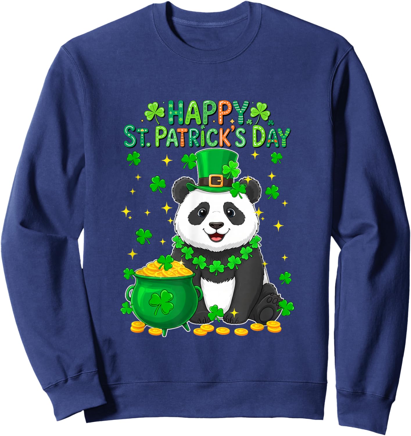 Happy St. Patrick's Day Panda Shamrocks Coins Lover Kids Sweatshirt - Sweatshirt | Navy