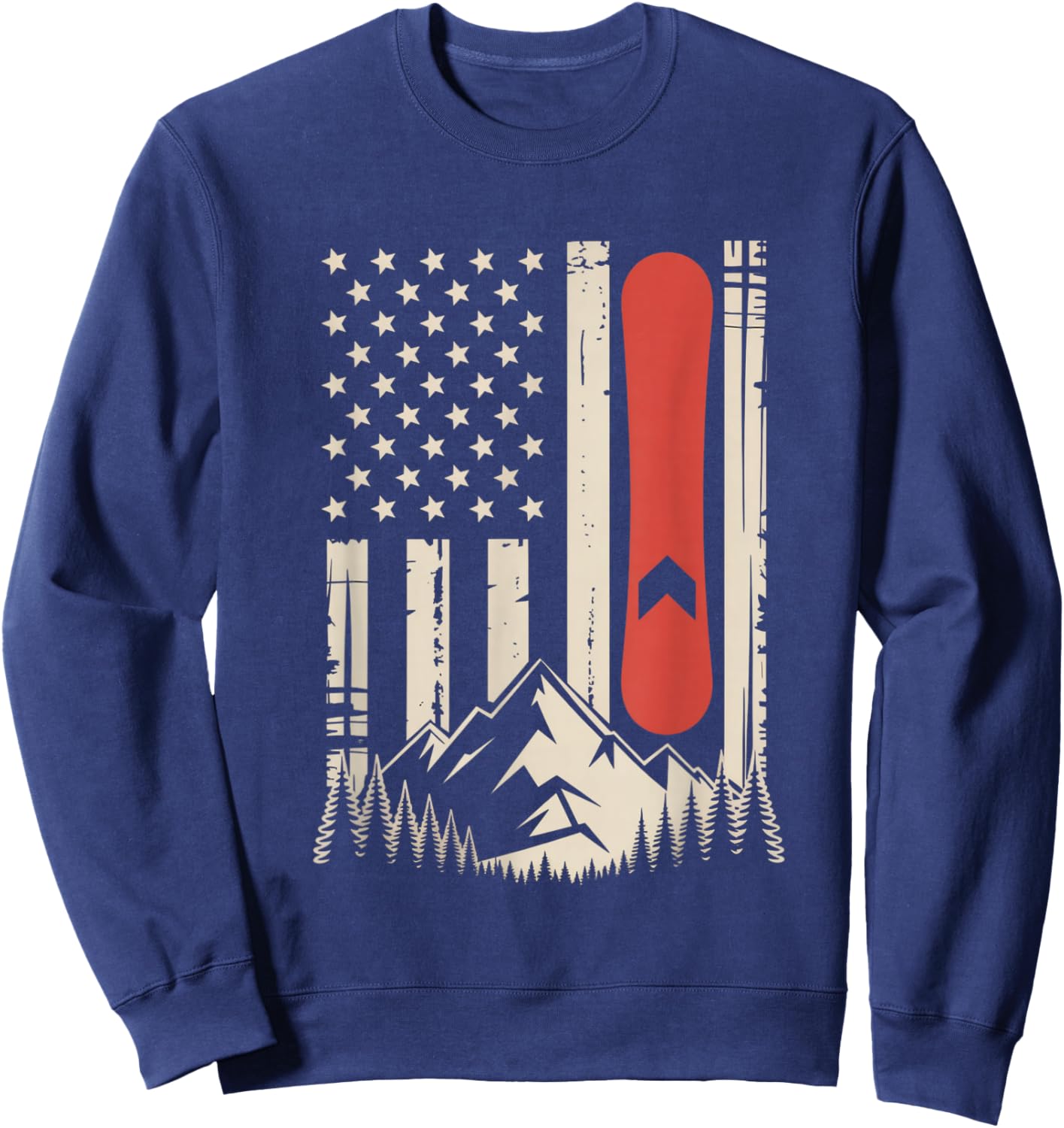 Vintage Snowboard Mountain American Flag Design Sweatshirt - Sweatshirt | Navy
