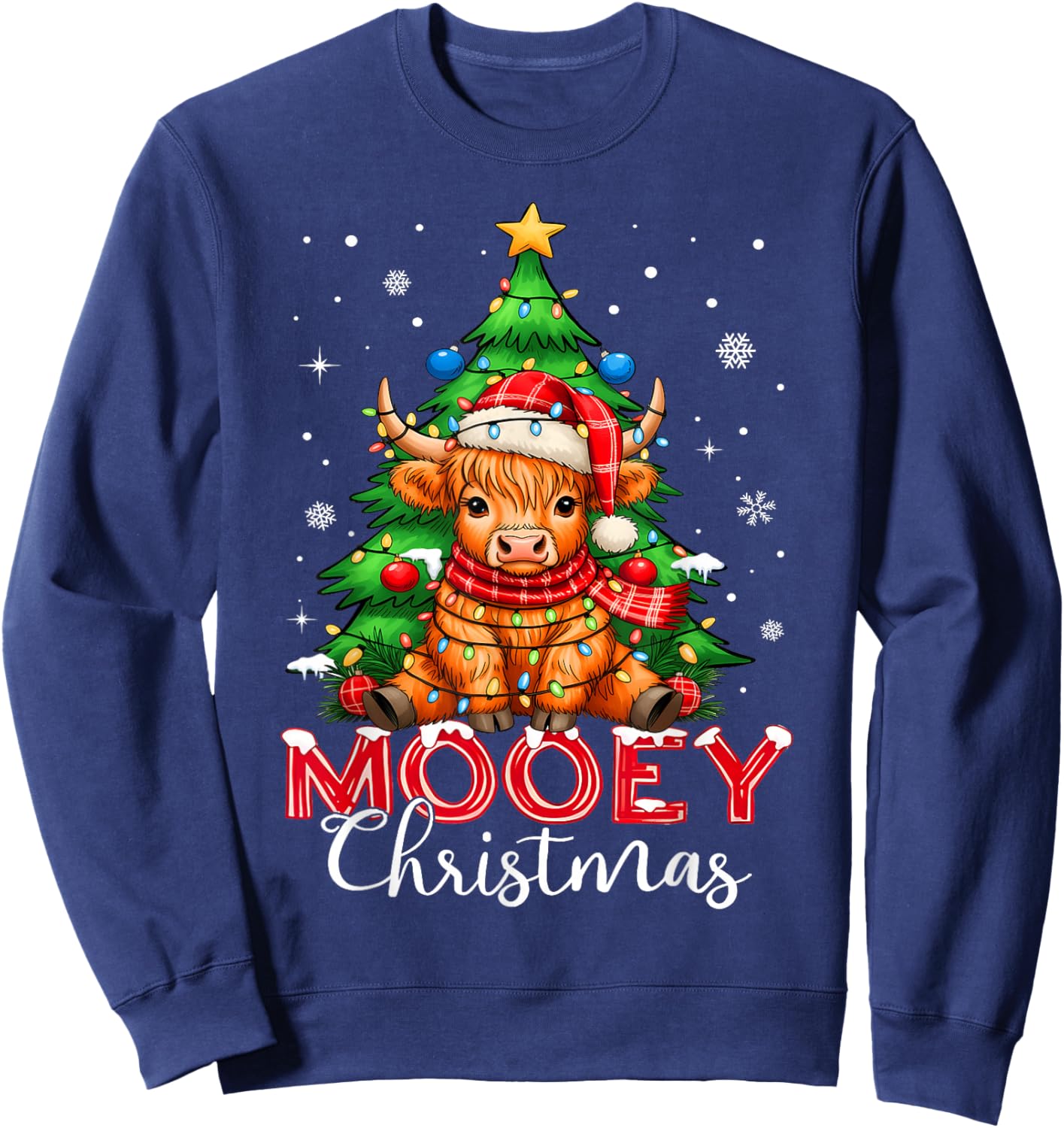 Highland Cow Heifer Santa Hat Mooey Christmas Tree Lights Sweatshirt - Sweatshirt | Navy