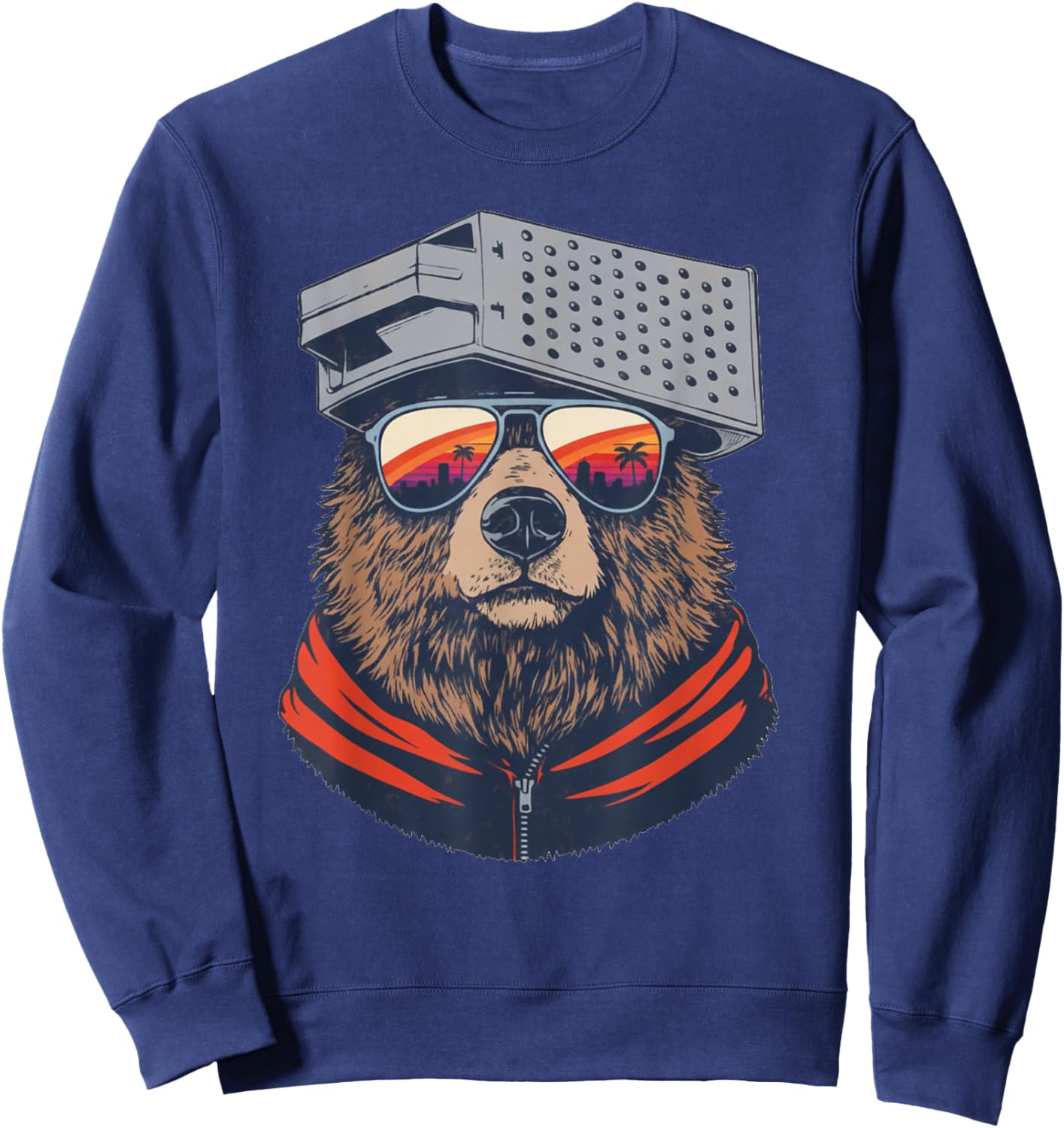 Retro Bear with Cheese Grater Hat and Sunglasses Sunset Art Sweatshirt - Sweatshirt | Navy
