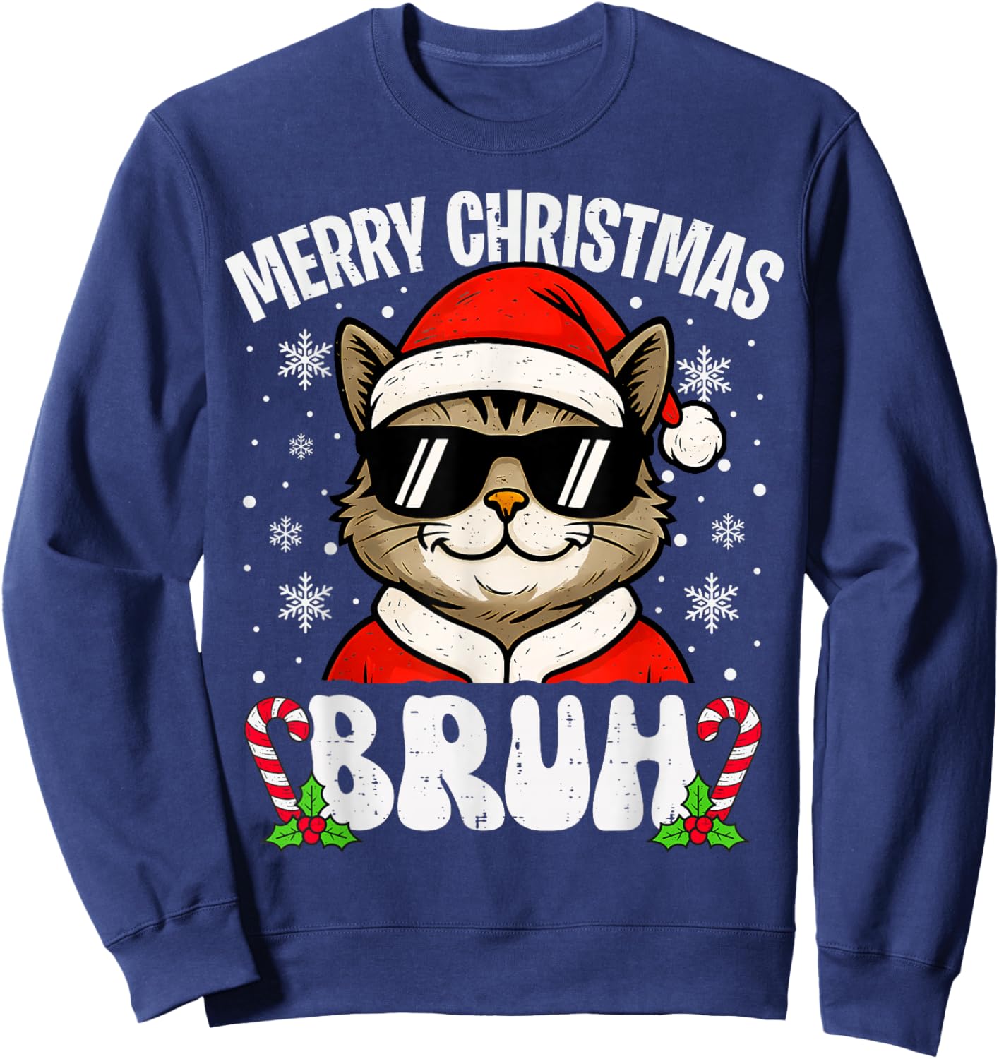 Merry Christmas Bruh Funny Cat Xmas Men Boys Kids PJs Sweatshirt - Sweatshirt | Navy