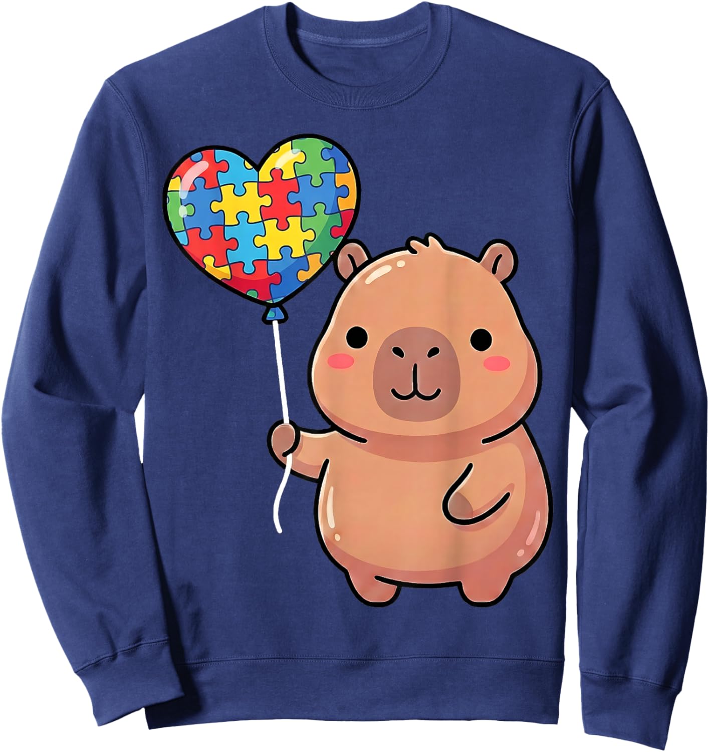 Cute Capybara Holding Heart Puzzle Piece Balloon Kawaii Kids Sweatshirt - Sweatshirt | Navy