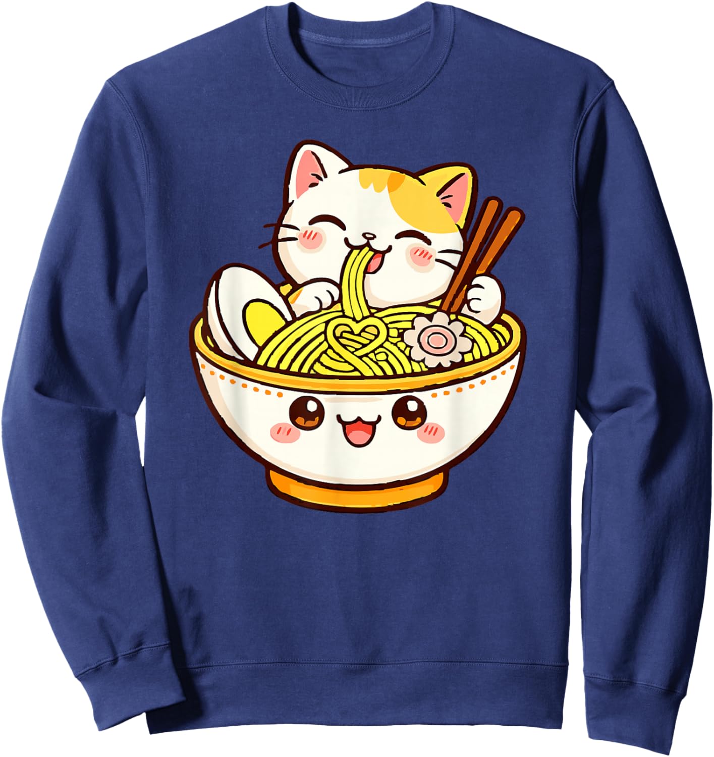 Kawaii Cat Eating Ramen Japanese Anime Sweatshirt - Sweatshirt | Navy