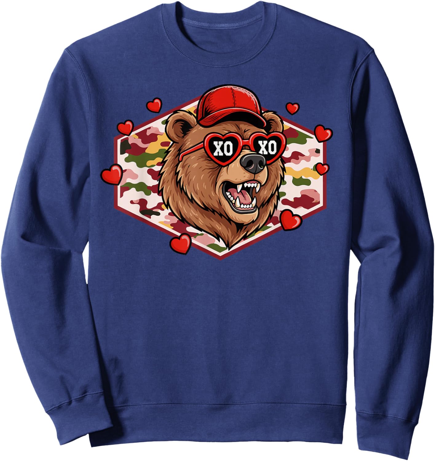 Men Boys Retro Valentines Hunting XOXO Camo Bear Sweatshirt - Sweatshirt | Navy