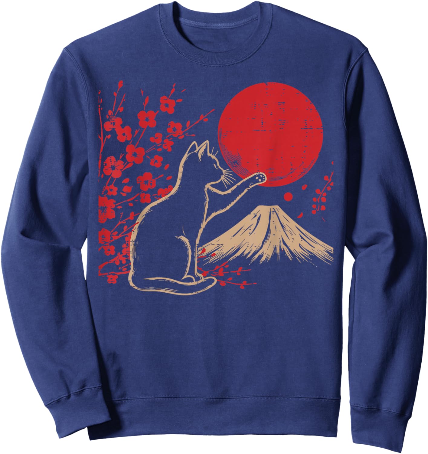 Japanese Cat Cherry Blossom Mountain Sun Art Women Men Kids Sweatshirt - Sweatshirt | Navy