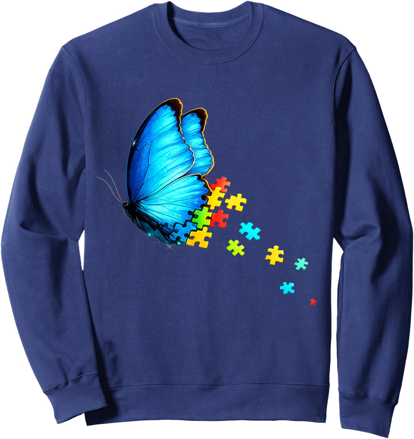 Autism Awareness Month Blue Butterfly Puzzle Mental Health Sweatshirt - Sweatshirt | Navy