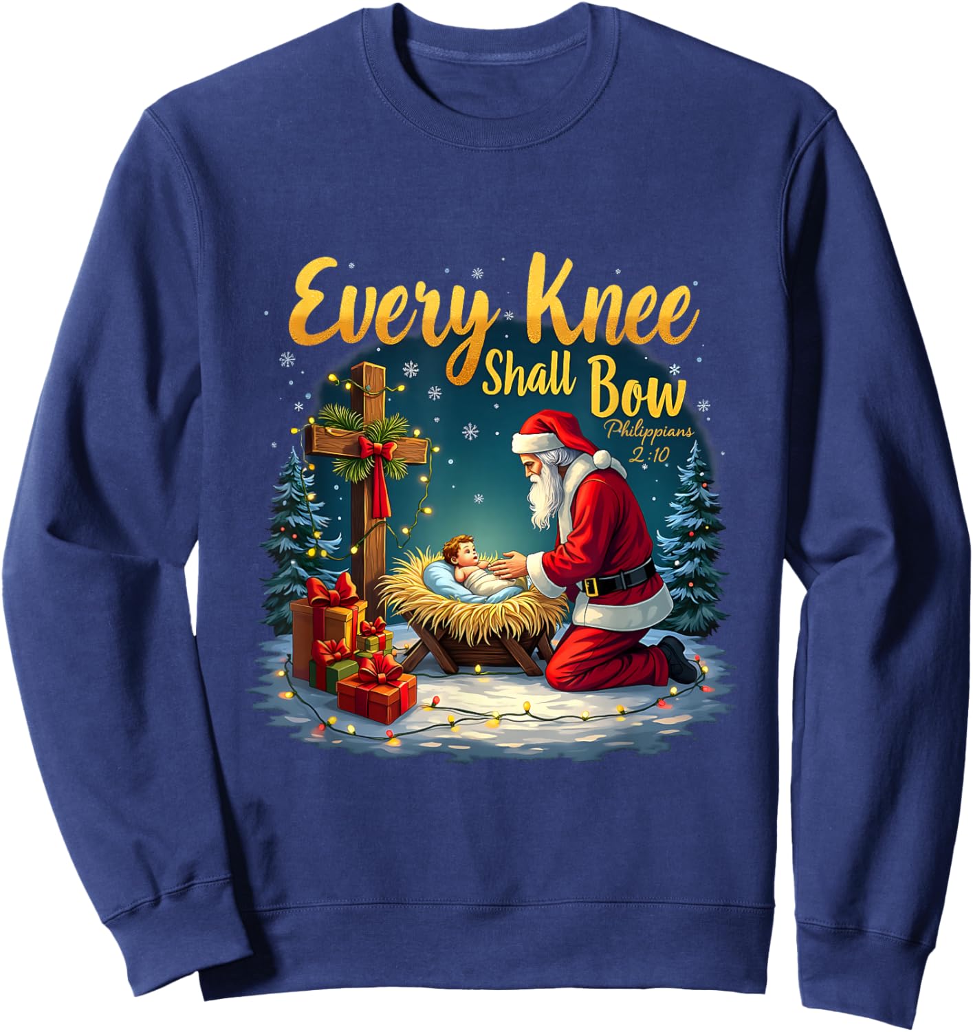 Christmas Nativity Scene Xmas Every Knee Shall Bow Santa Sweatshirt - Sweatshirt | Navy