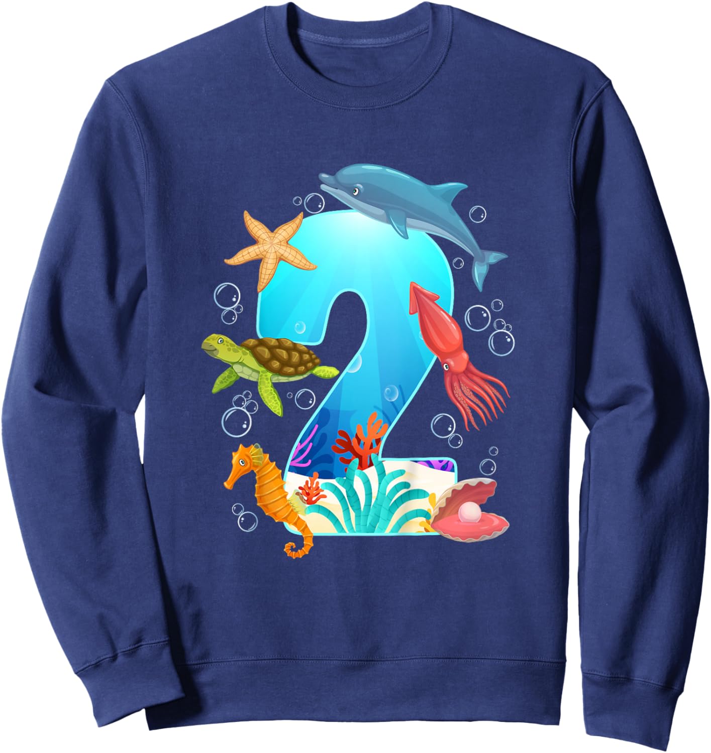 2nd Ocean Birthday Party 2 Year Old Sea Animals Sweatshirt - Sweatshirt | Navy