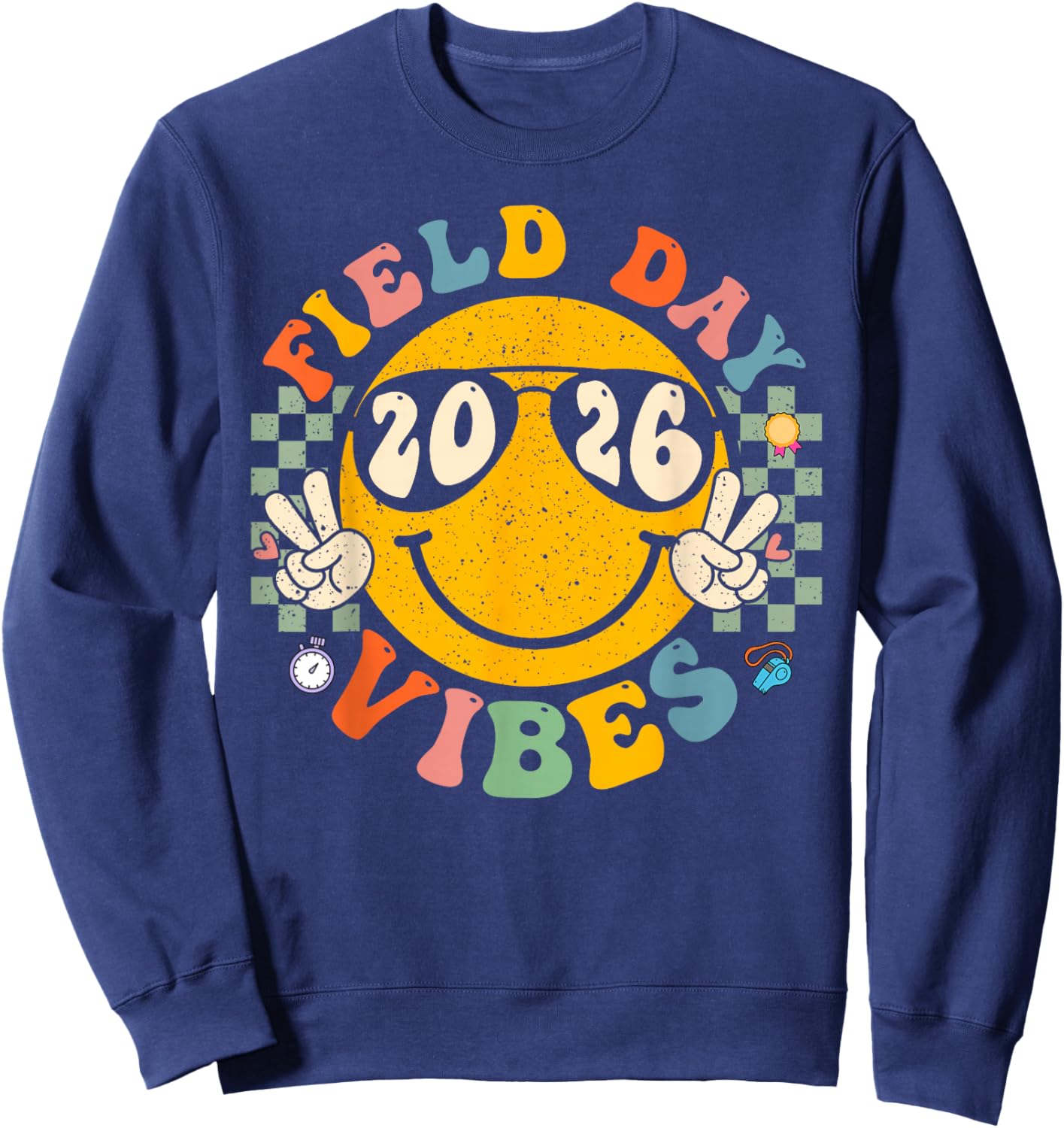 Field Day 2026 Vibes Groovy Smile Face Checkered Sweatshirt - Sweatshirt | Navy