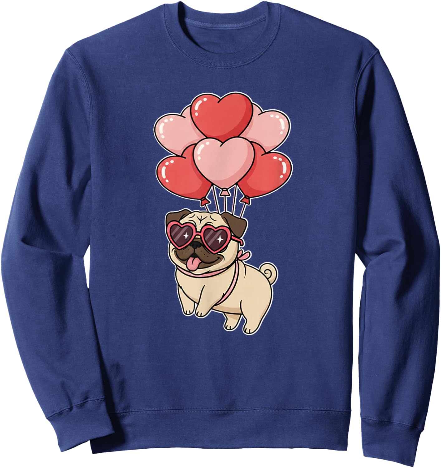 Girls Women Valentines Day Heart Balloons Tan Fawn Pug Lover Sweatshirt - Sweatshirt | Navy