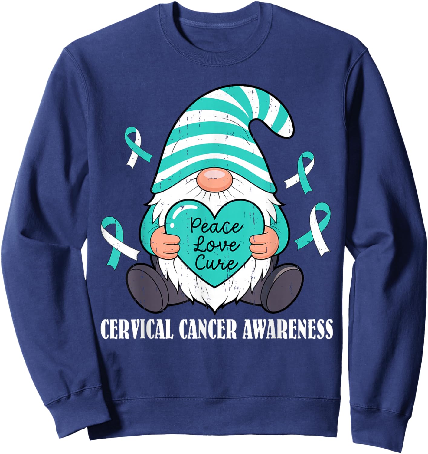 Cute Gnome Ribbon Peace Love Cervical Cancer Awareness Women Sweatshirt - Sweatshirt | Navy