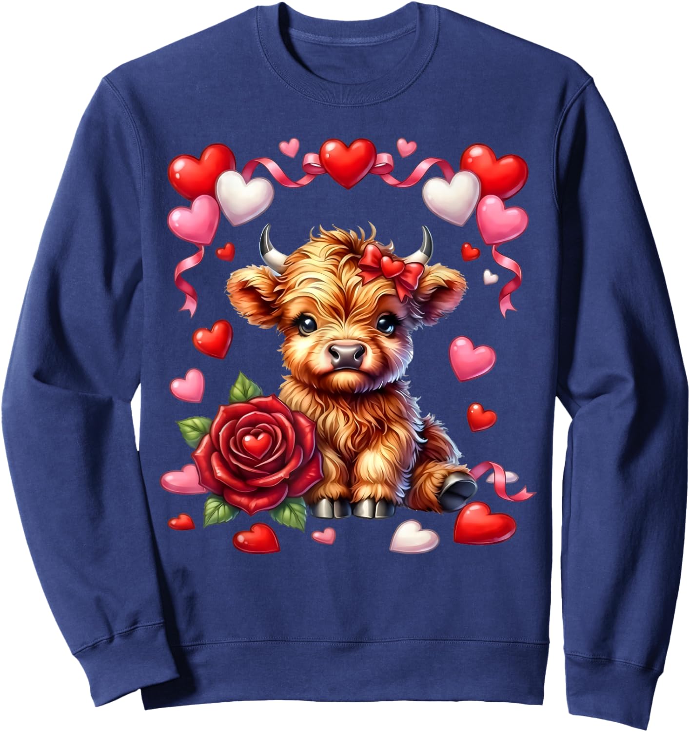 Cute Kawaii Highland Cow Heart Coquette Bow Valentines Day Sweatshirt - Sweatshirt | Navy