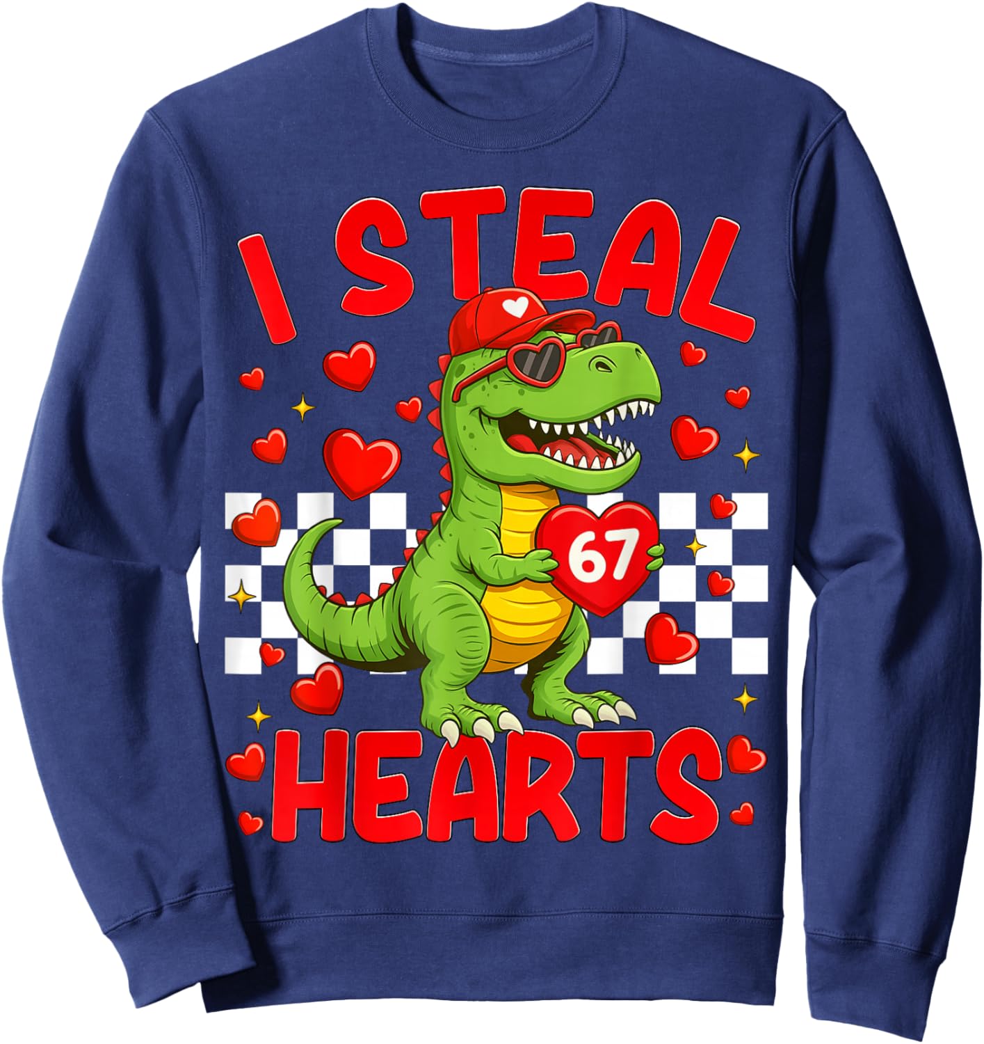 I Steal Hearts 67 Valentine’s Day 67 Dinosaur T-Rex Boys Kid Sweatshirt - Sweatshirt | Navy