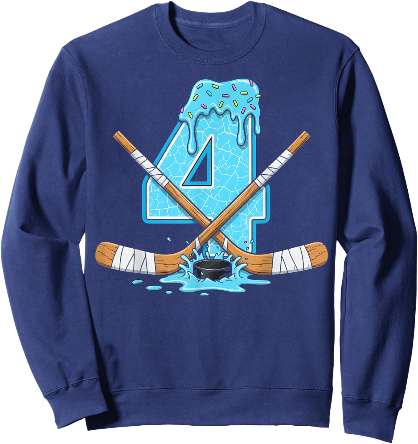 4 Year Old Hockey Ice Cream Drip Youth 4th Birthday Boys Sweatshirt - Sweatshirt | Navy
