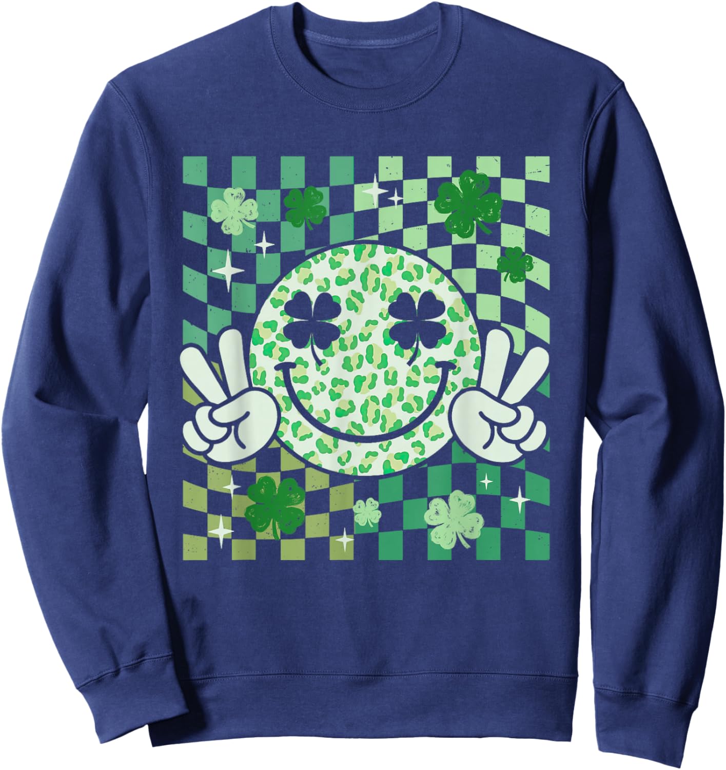 Groovy Smile Face St Patricks Day Shamrock Checker Women Kid Sweatshirt - Sweatshirt | Navy