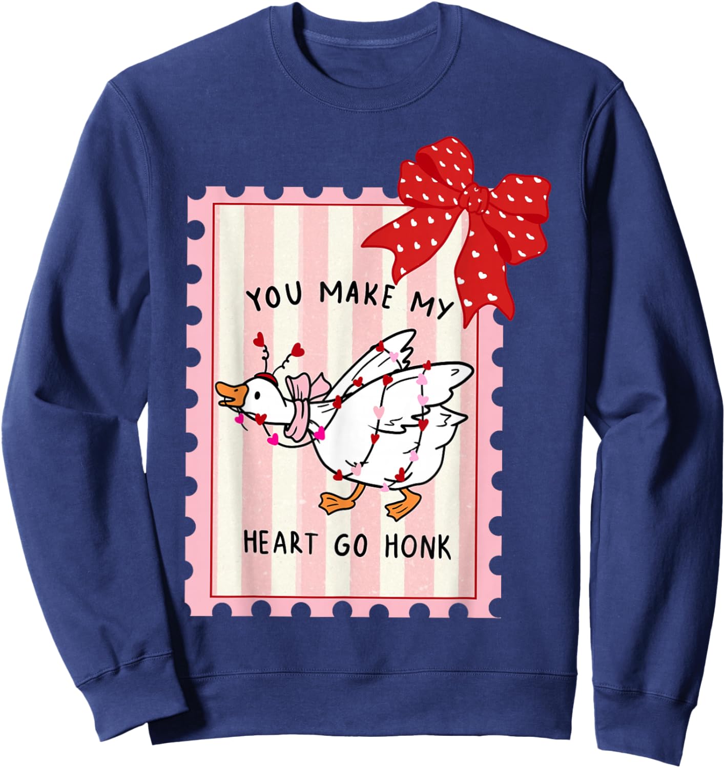 You Make My Heart Go Honk Valentine Goose Preppy Stamp Bow Sweatshirt - Sweatshirt | Navy
