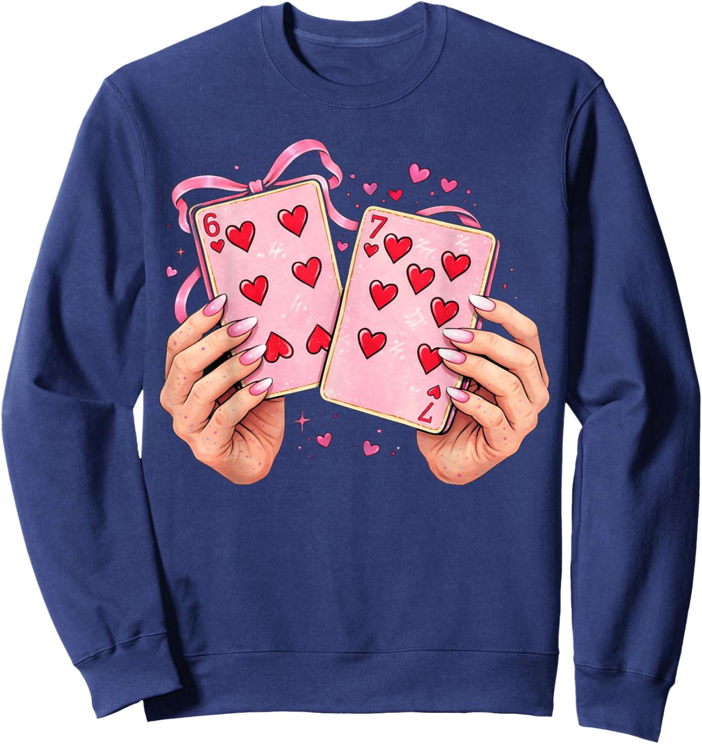 Playing Cards 6 7 of Hearts 67 Six Seven Bow Valentines Day Sweatshirt - Sweatshirt | Navy