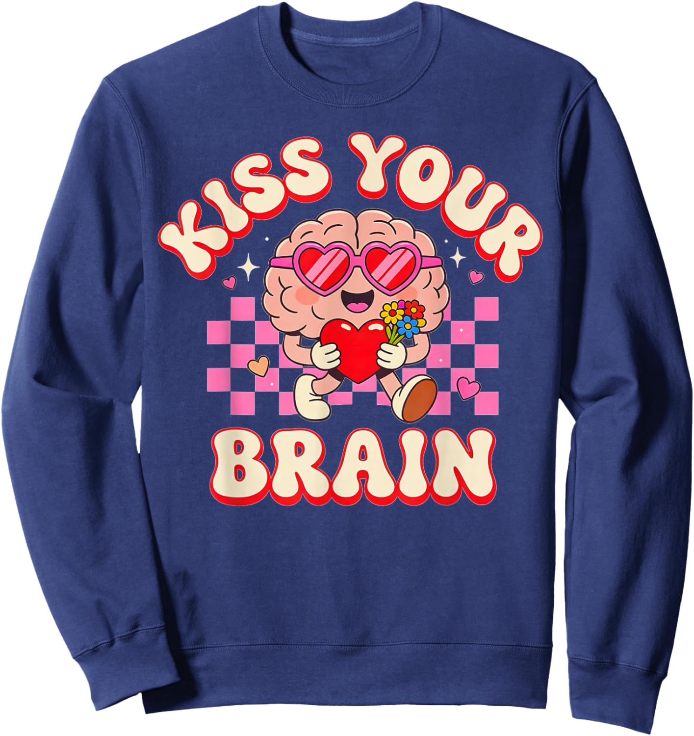 Groovy Kiss Your Brain Retro Valentines Day Teacher Kids Sweatshirt - Sweatshirt | Navy