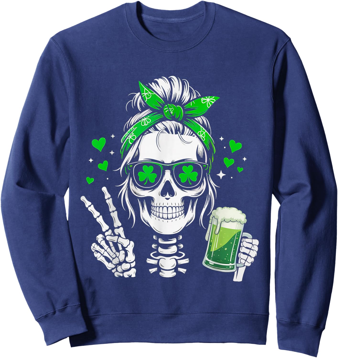 Skull Sunglass Messy Bun Irish Peace St Patrick's Day Women Sweatshirt - Sweatshirt | Navy