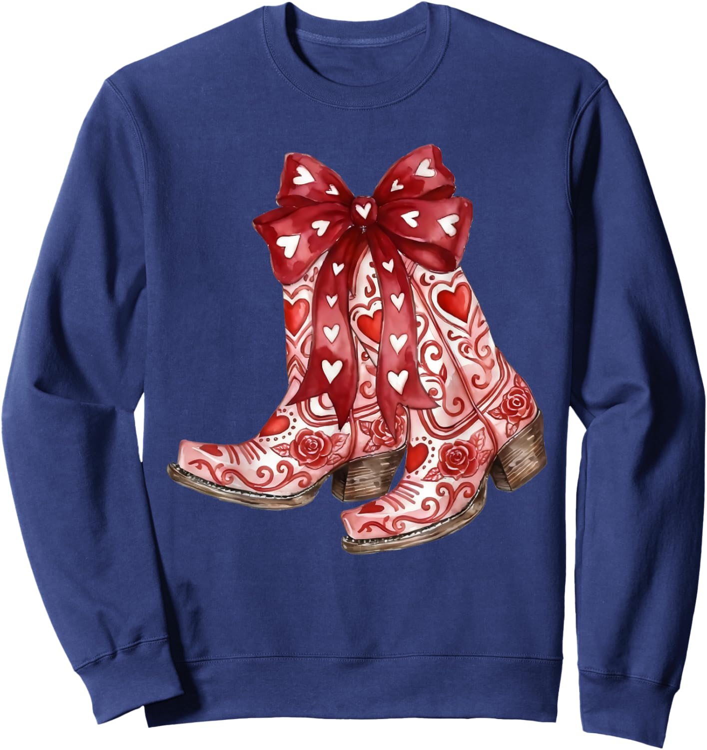 Retro Cowgirl Boots Red Coquette Bow Hearts Valentines Day Sweatshirt - Sweatshirt | Navy