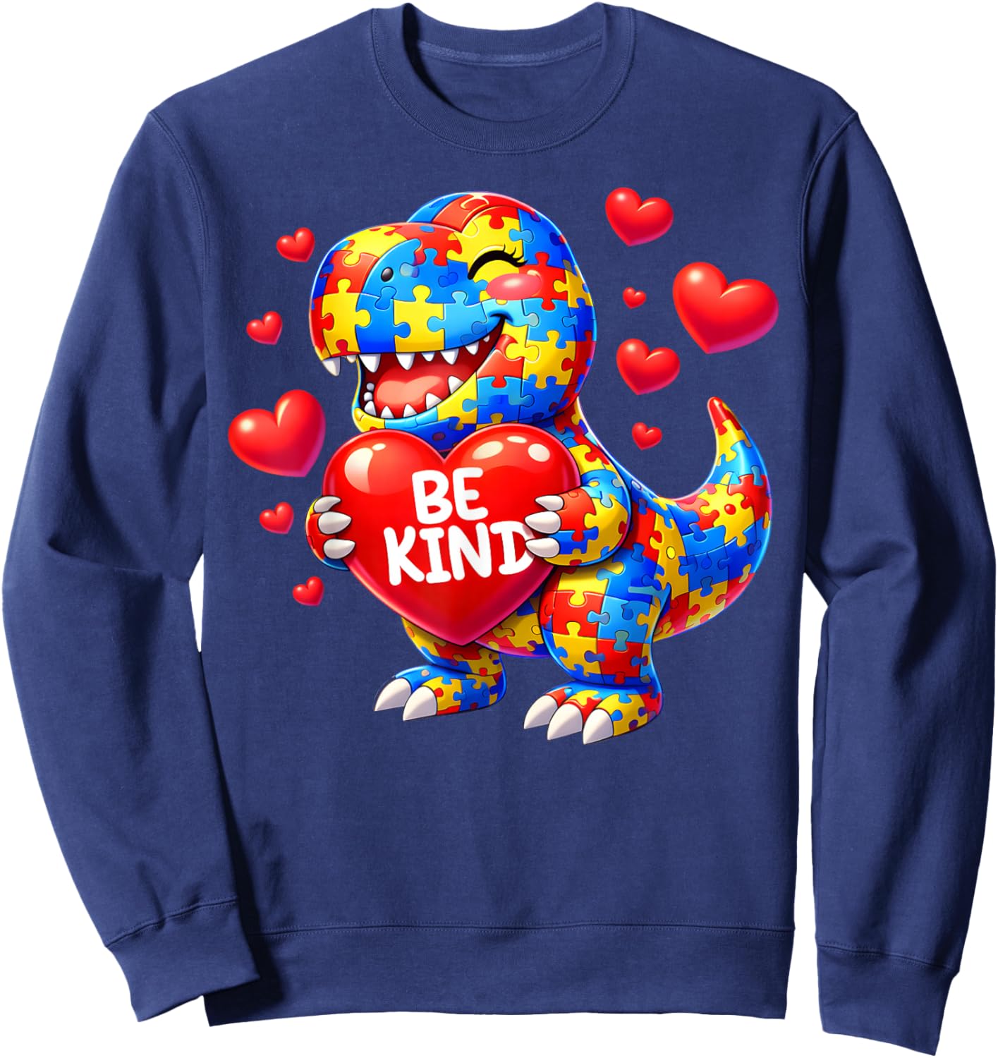 Autism Awareness Puzzle T Rex Dinosaur Be Kind Men Women Kid Sweatshirt - Sweatshirt | Navy