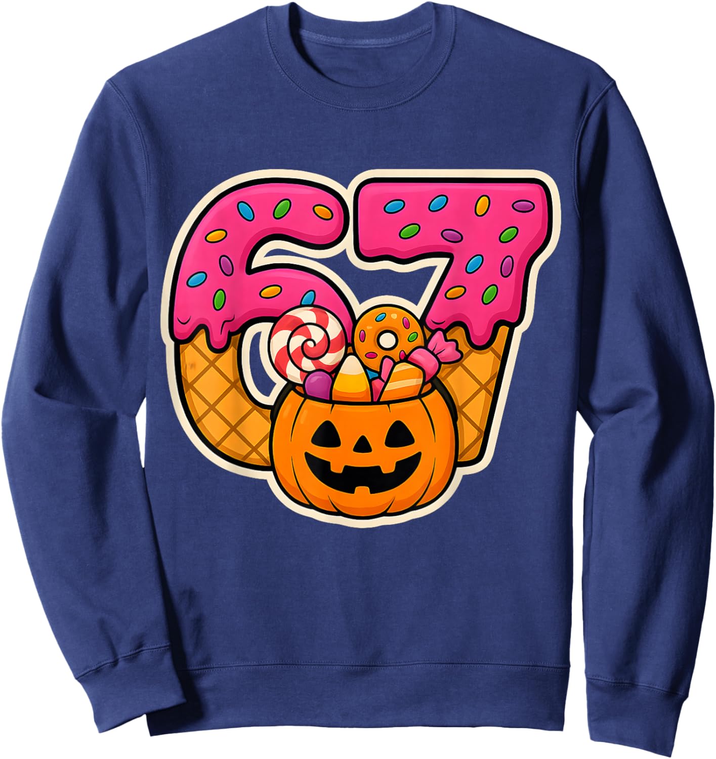 Funny Donut Number 67 Halloween Birthday Kids Candy Pumpkin Sweatshirt - Sweatshirt | Navy