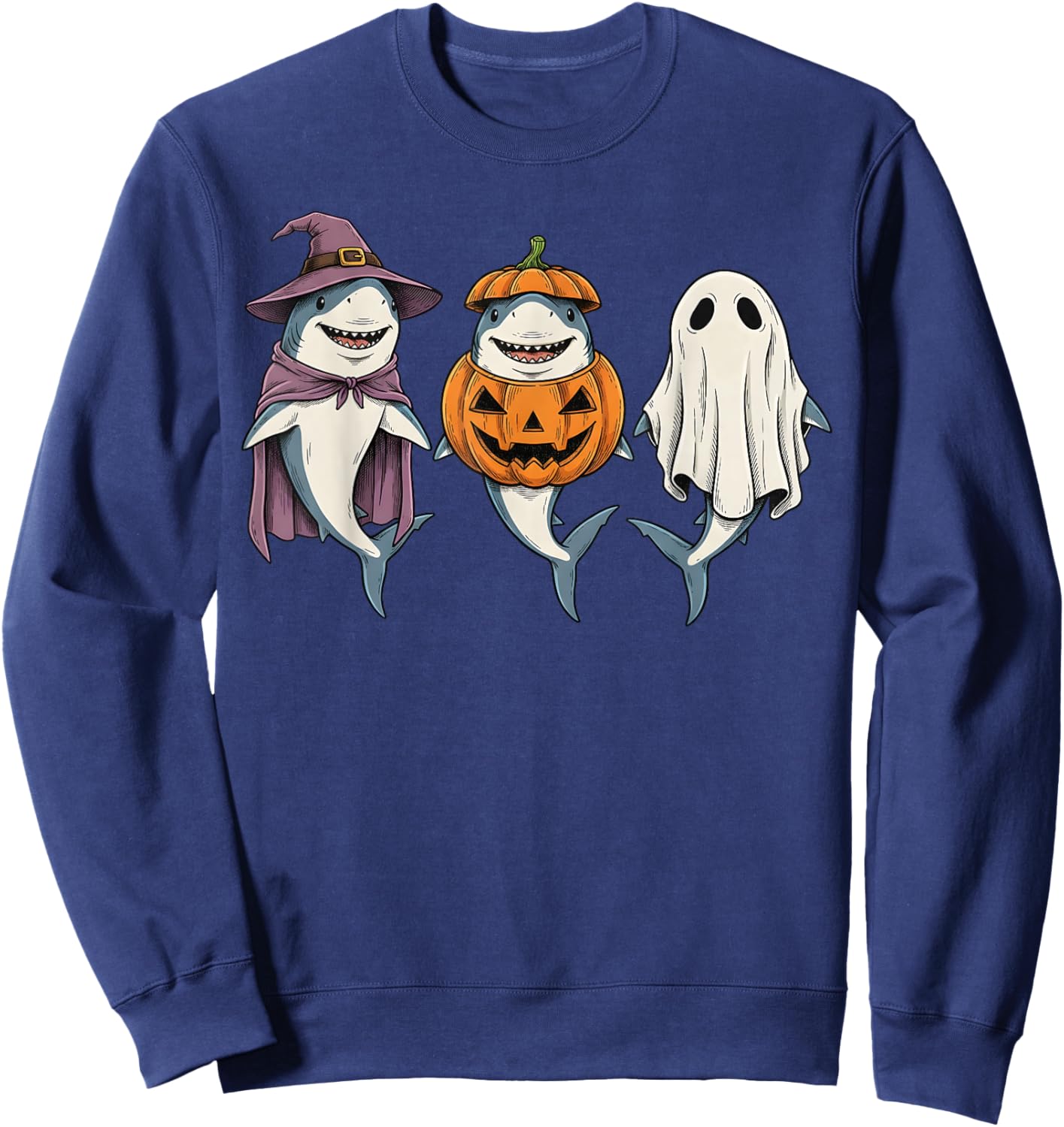 Spooky Ghost Shark Lover Pumpkin Halloween Sweatshirt - Sweatshirt | Navy