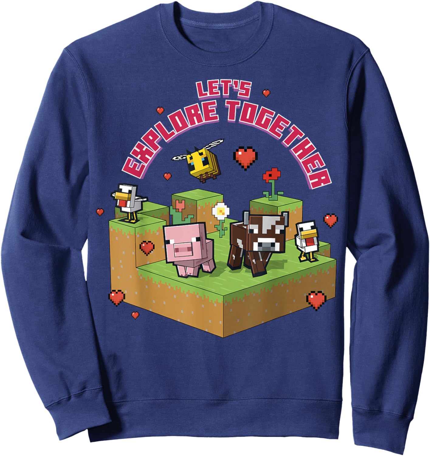 Minecraft Pig Cow Bee Chicken Explore Together Heart Sweatshirt - Sweatshirt | Navy