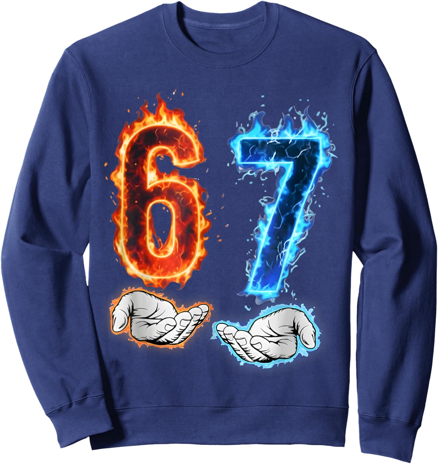 Funny Six Seven 67 Meme Hands Boys Kids Flames Fire Graphics Sweatshirt - Sweatshirt | Navy