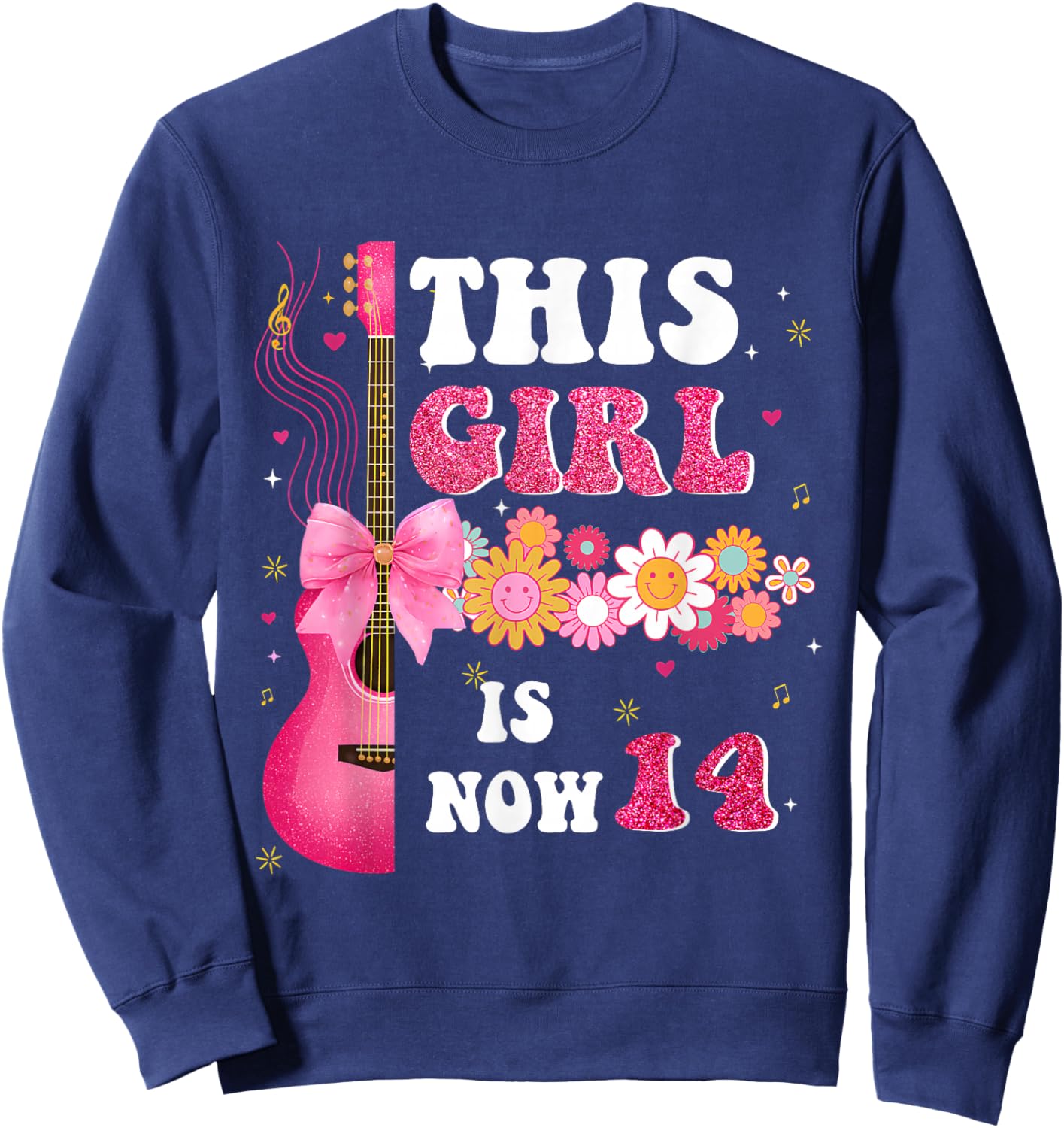This Girl is Now 14 Cute Music Flower 14th Birthday Sweatshirt - Sweatshirt | Navy
