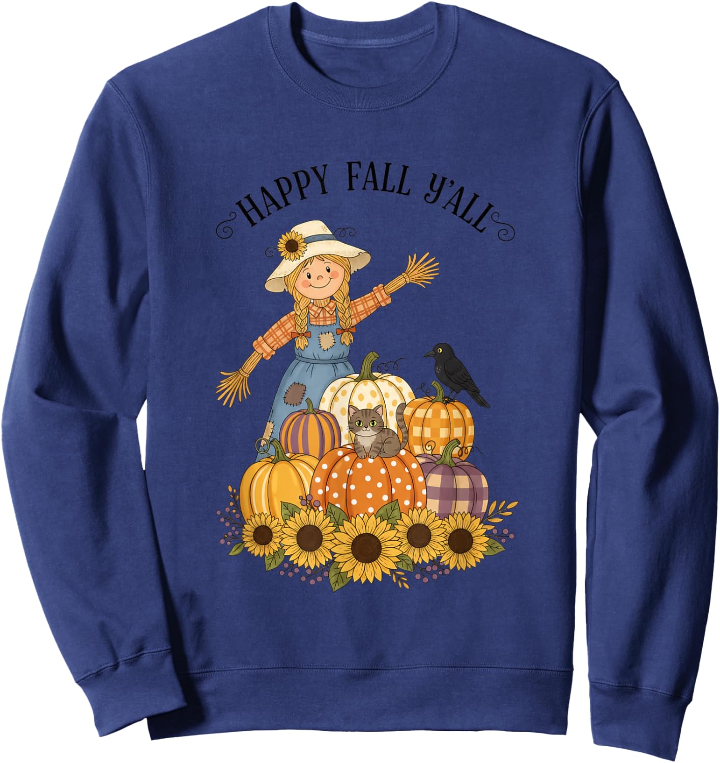 Happy Fall Y'all Scarecrow Pumpkin Sunflowers Autumn Thanksg Sweatshirt - Sweatshirt | Navy