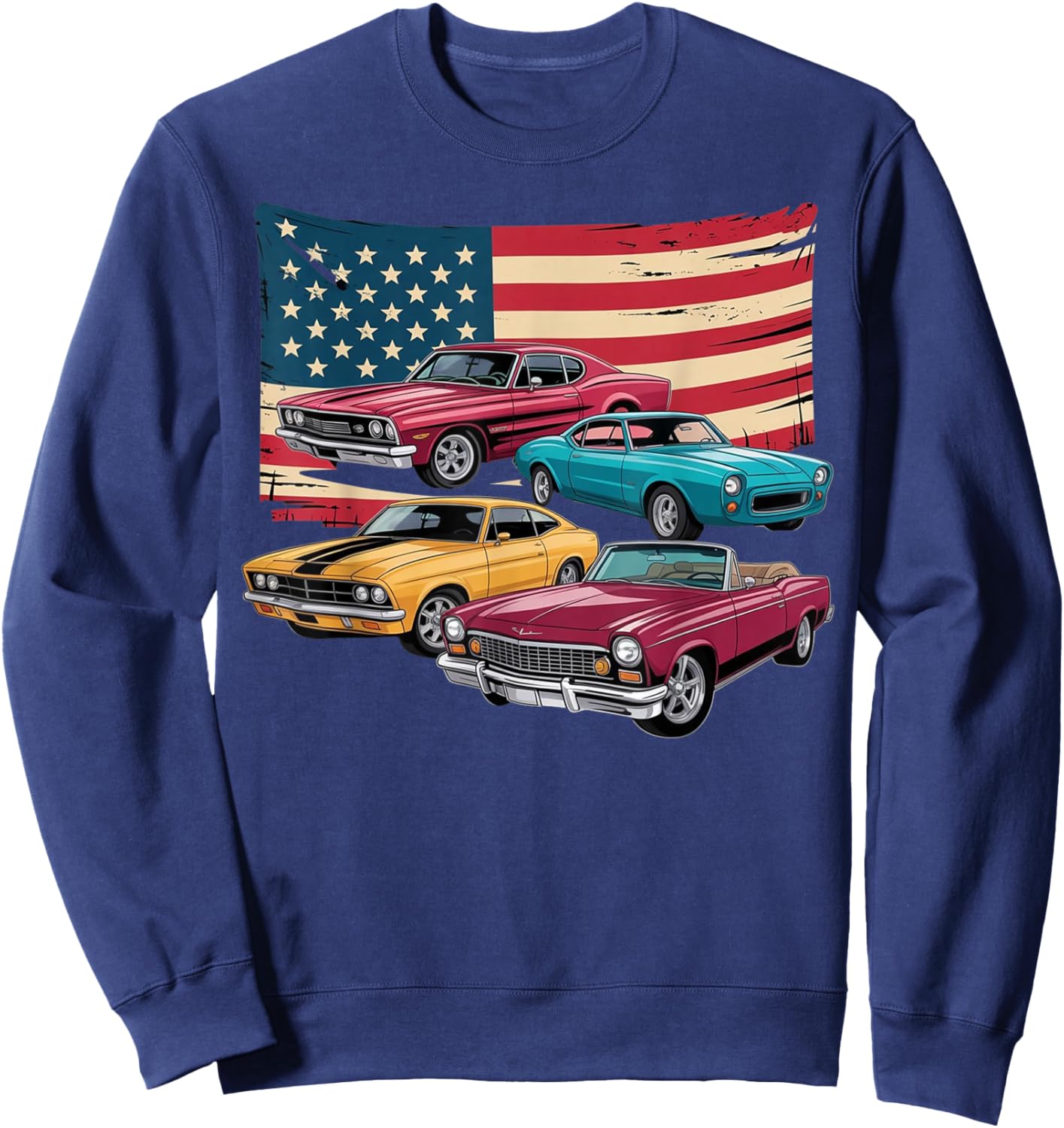 Patriotic American Flag Vintage Muscle Car Sweatshirt - Sweatshirt | Navy