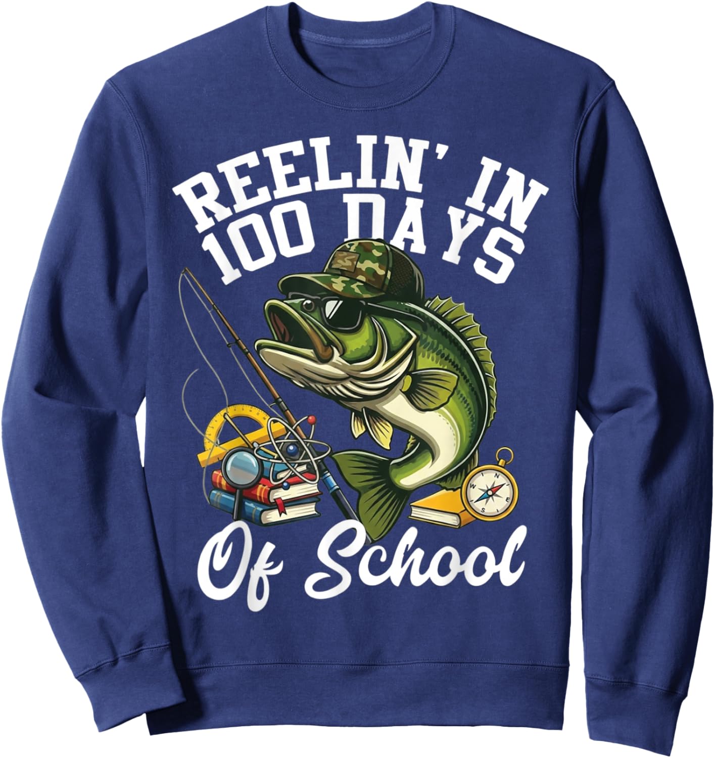 Reelin' in 100 Days of School Bass Camo Fishing Lover Boys Sweatshirt - Sweatshirt | Navy