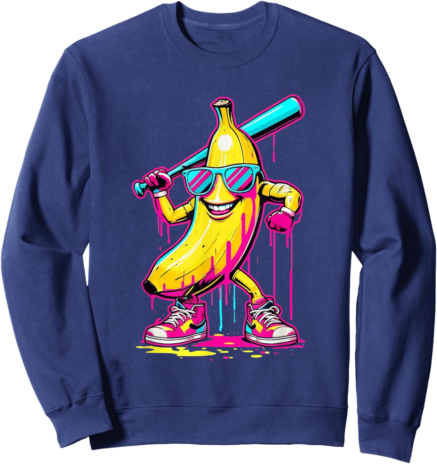 Banana with Baseball Bat Street Funny Baseball Drip Sweatshirt - Sweatshirt | Navy