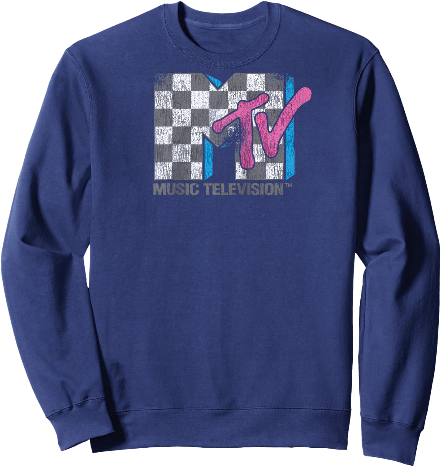 MTV Distressed Vintage Checkerboard Logo Music Television Raglan Baseball Sweatshirt - Sweatshirt | Navy