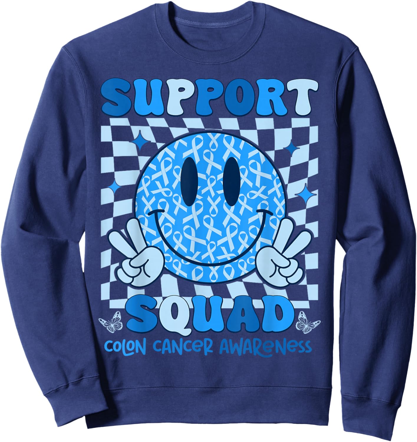 Retro Support Squad Blue Ribbon Colon Cancer Awareness Sweatshirt - Sweatshirt | Navy