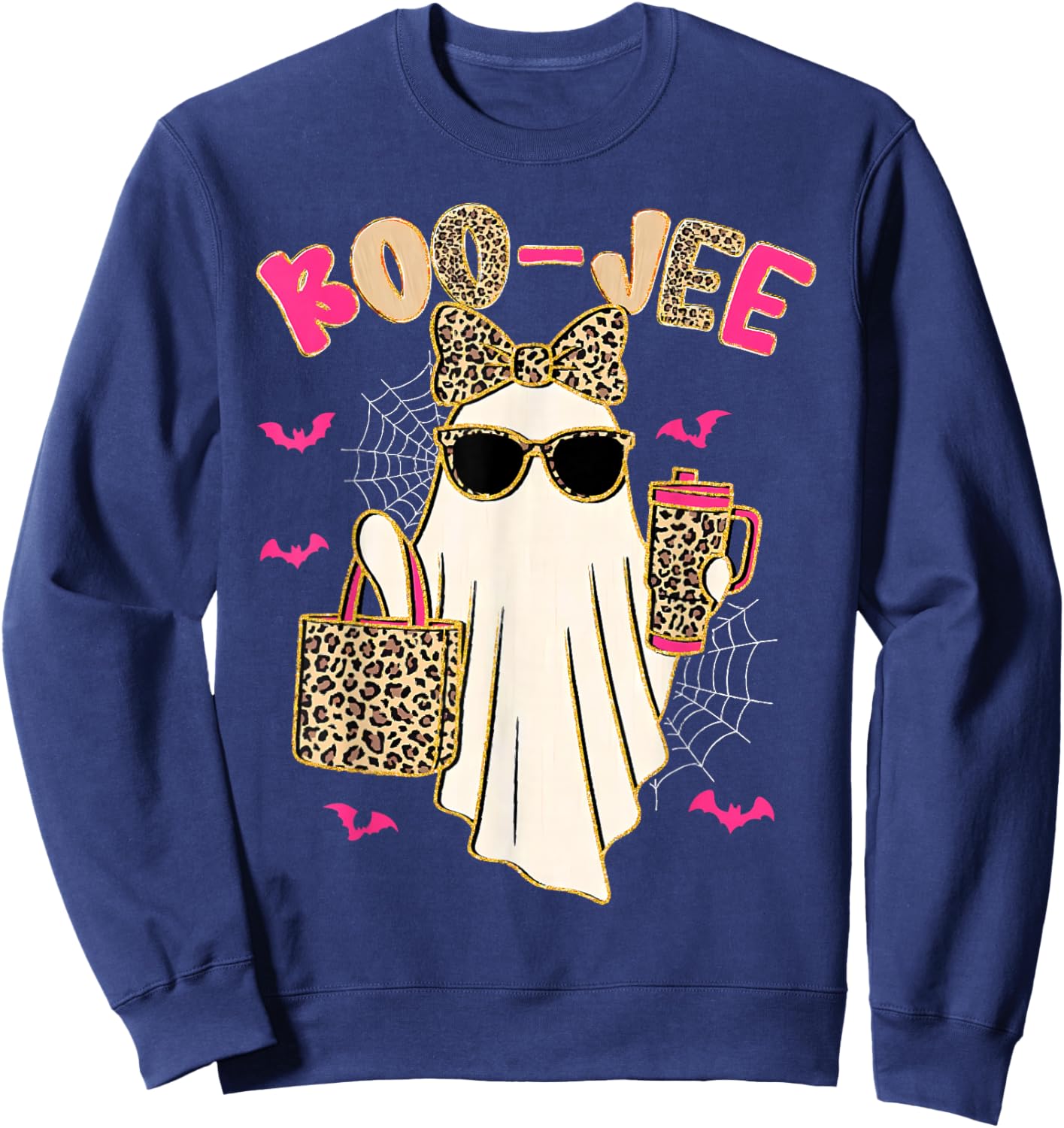 Boo JEE Boujee Leopard Ghost Halloween October Vibes Sweatshirt - Sweatshirt | Navy