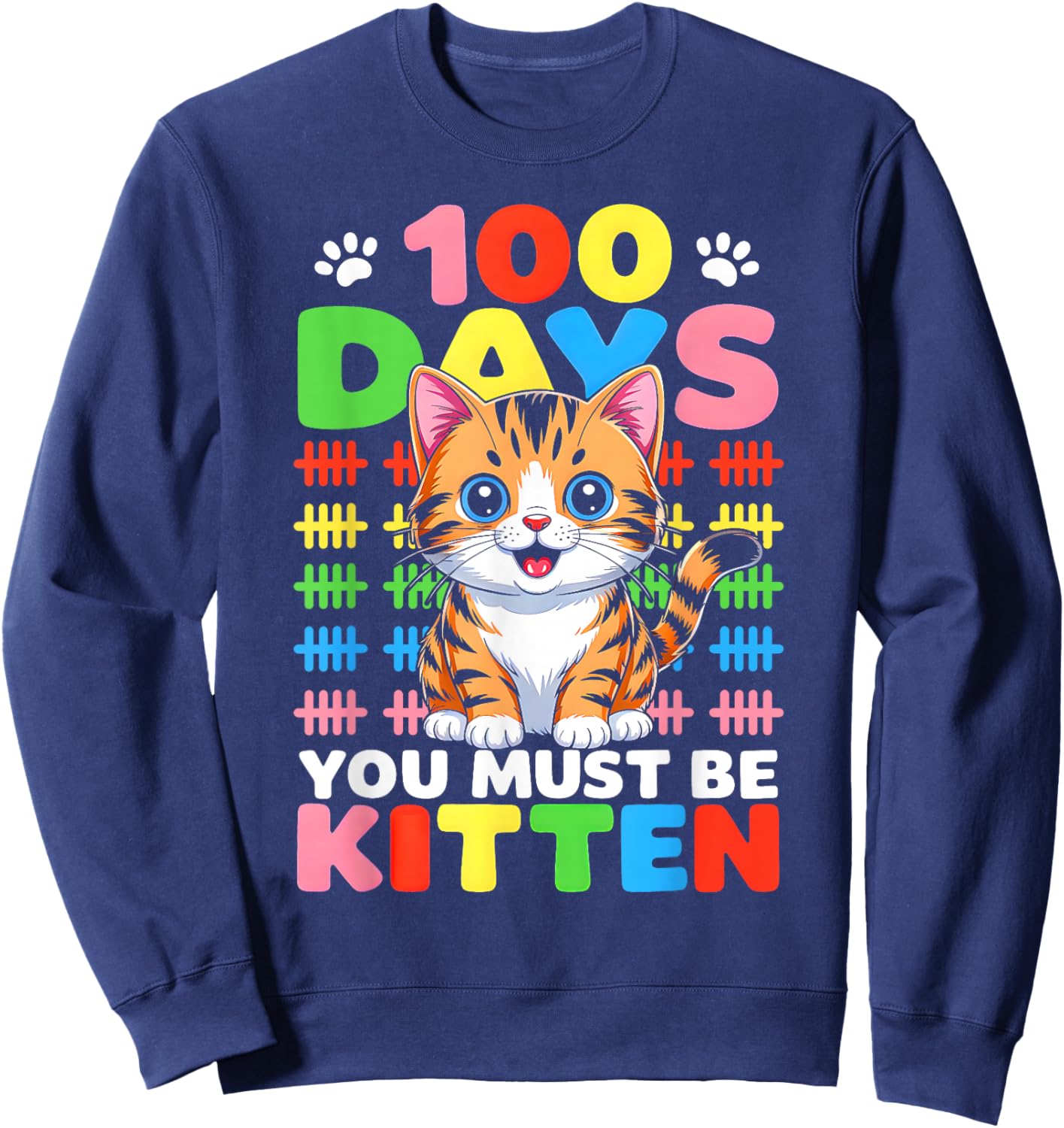 Cute Cat 100 Days of School Girls Kids 100th Day of School Sweatshirt - Sweatshirt | Navy