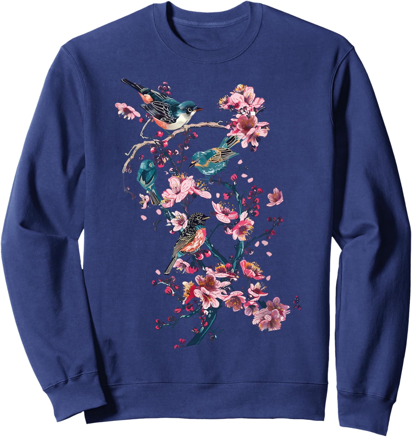 Japanese Birds Cherry Blossom Floral Vintage Woodblock Art Sweatshirt - Sweatshirt | Navy