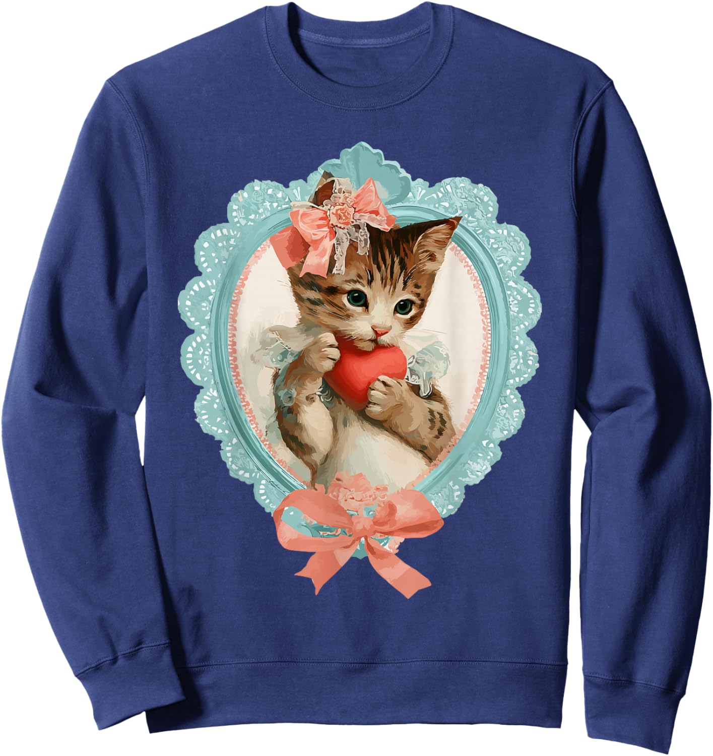 Cute Tabby Cat Valentine Kitty with Heart Vintage Coquette Sweatshirt - Sweatshirt | Navy
