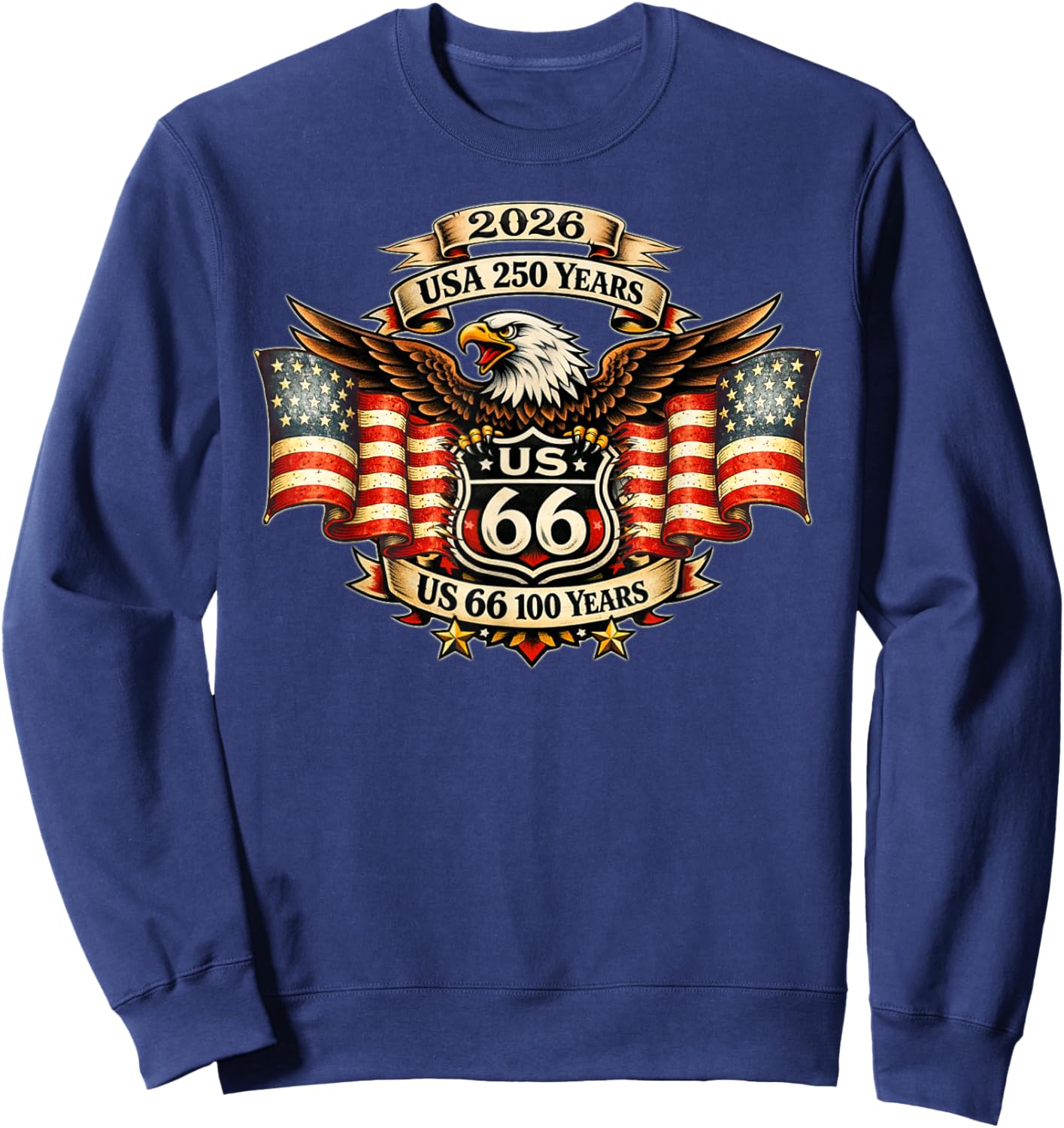 USA 250 US Highway 66 Mother Road Anniversary Eagle Tattoo Sweatshirt - Sweatshirt | Navy