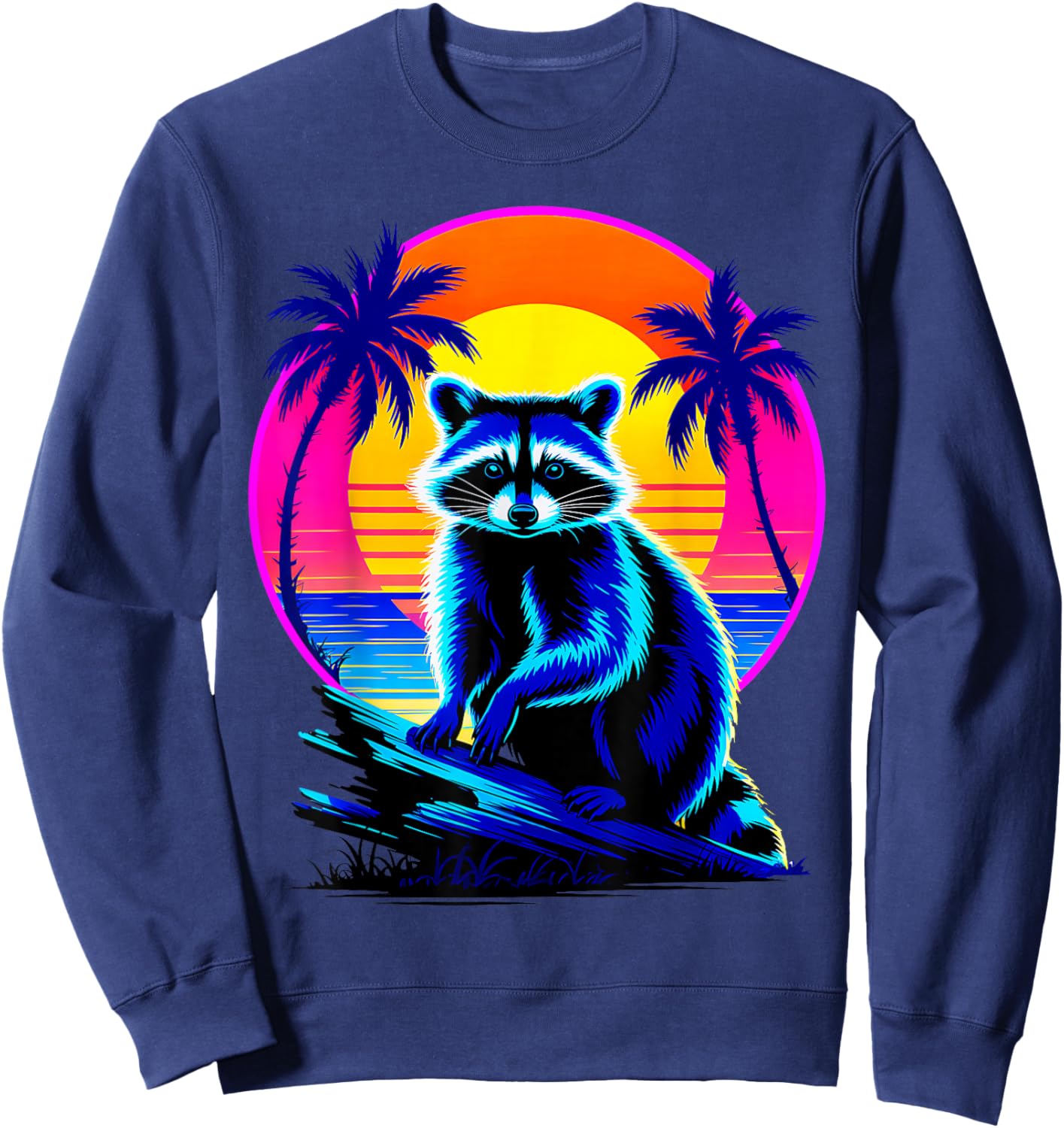 Vintage Retrowave Synthwave 80s Raccoon Sweatshirt - Sweatshirt | Navy