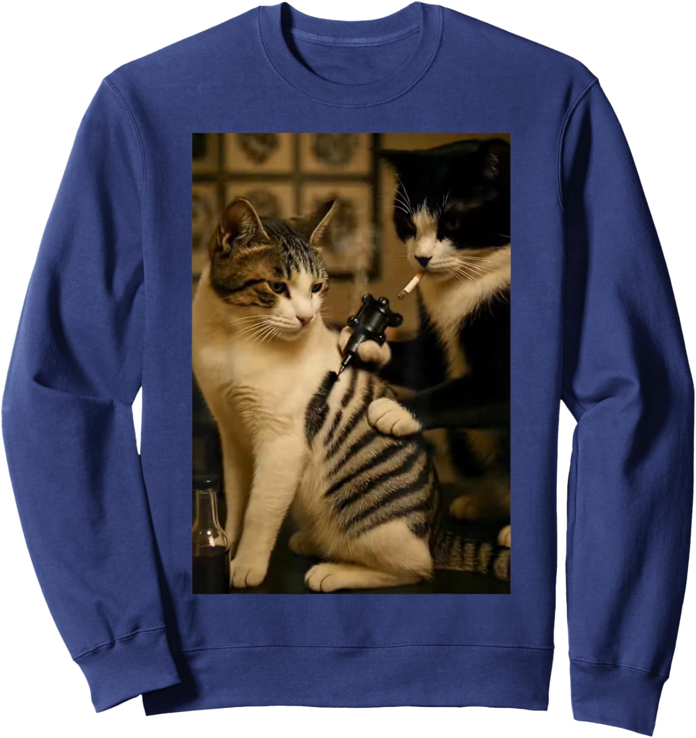 Vintage Cigarette Cat Smoking Tattoo Inked Artist Funny Meme Sweatshirt - Sweatshirt | Navy