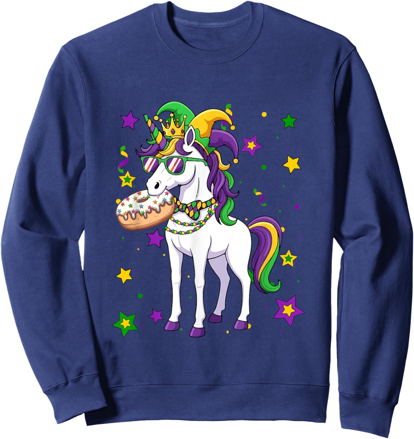 Unicorn Jester Hat Eating Donut Mardi Gras Beads Parades Sweatshirt - Sweatshirt | Navy