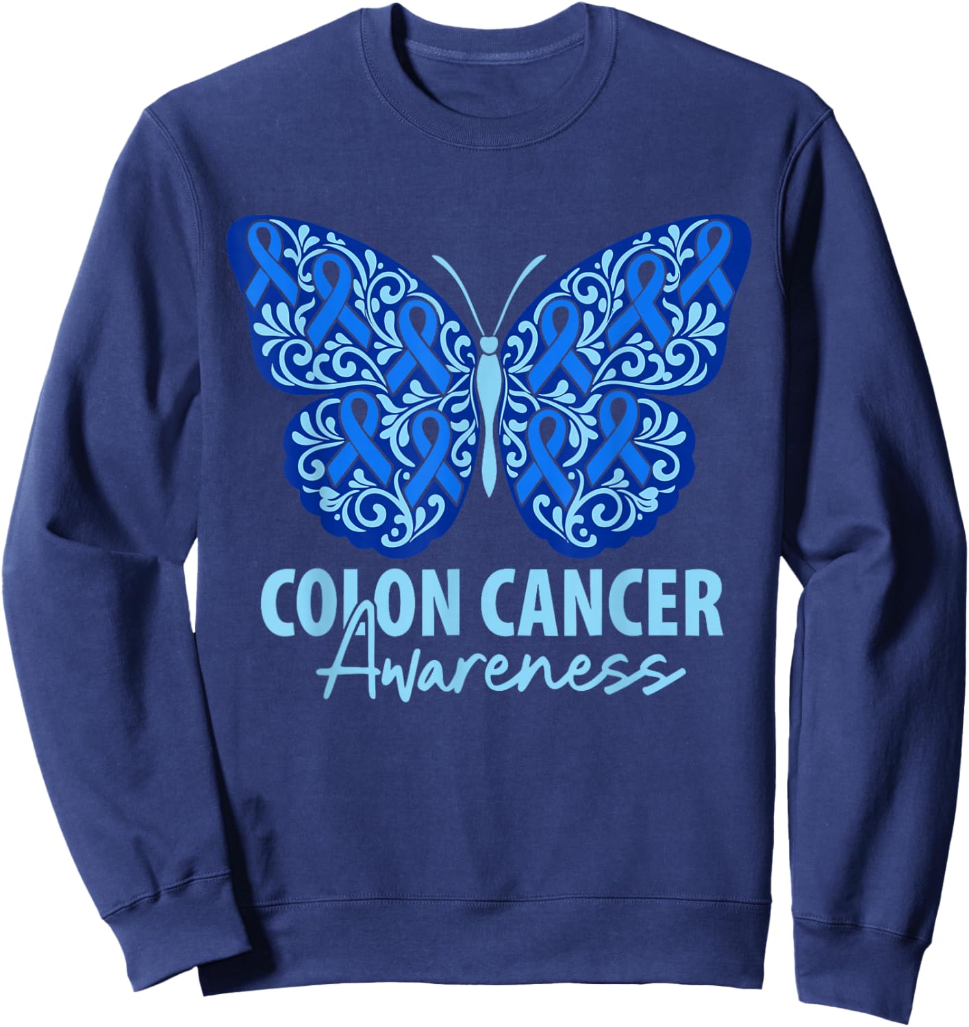 Colorectal Colon Cancer Awareness Blue Ribbon Butterfly Sweatshirt - Sweatshirt | Navy