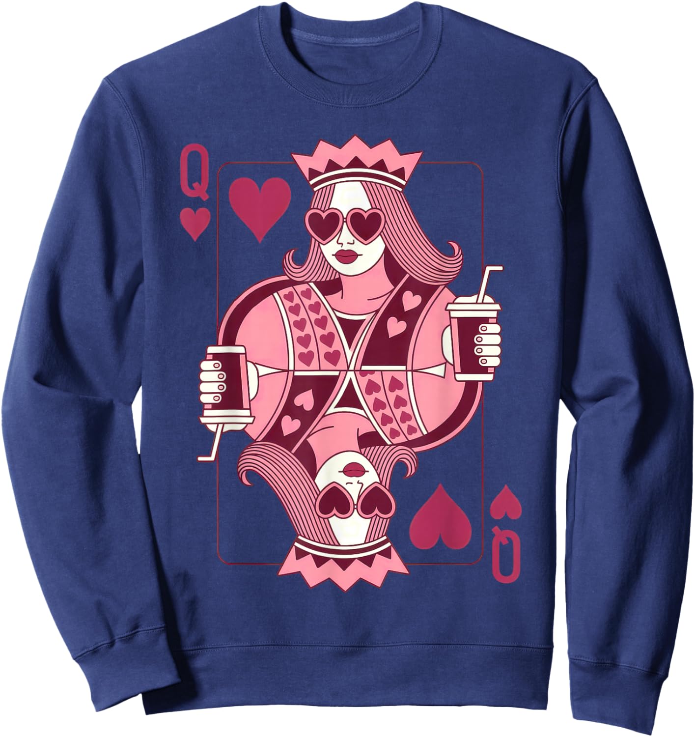 Queen of Hearts Playing Card Trendy Sunglasses Coffee Sweatshirt - Sweatshirt | Navy